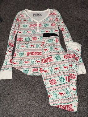 PINK Victoria’s Secret Christmas Pajama Set Small Holiday Thermal Top & Pants